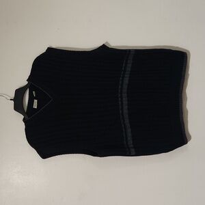 Men's medium vintage Bugle Boy sweater vest.  Navy w/ gray stripes, v-neck.